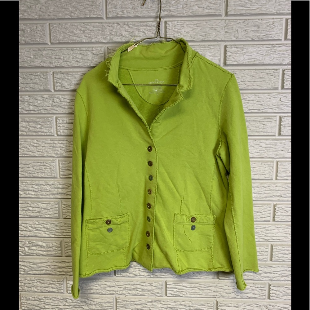 White Lotus Lime Green Button up Fringe Sweatshirt Sweater Size Small ** Flaw**